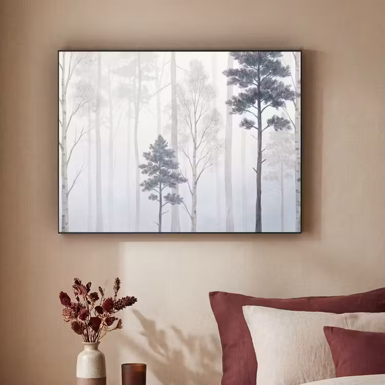 Bos - Bomen - Mist - Natuur - Illustratie - Grijs Textielframe zwart klein -sfeer1