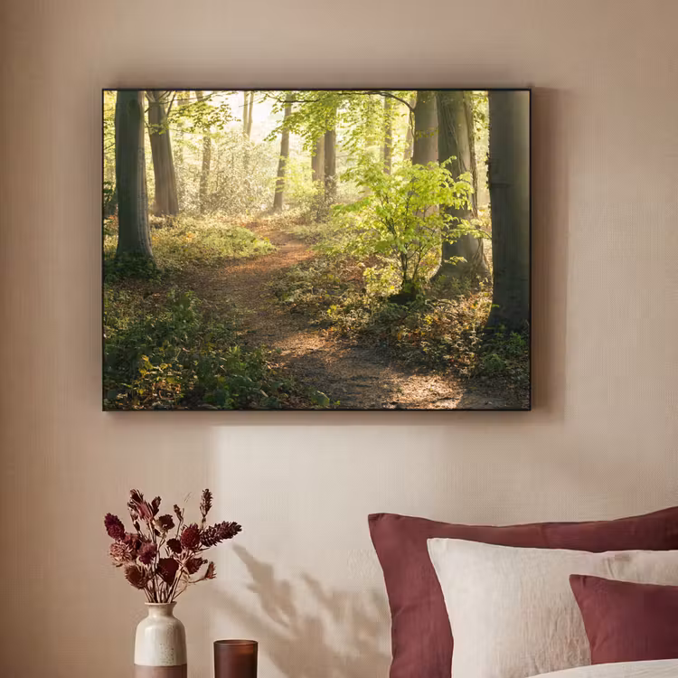 Bos - Bomen - Pad - Zon - Planten - Bladeren - Natuur Textielframe zwart klein -sfeer1