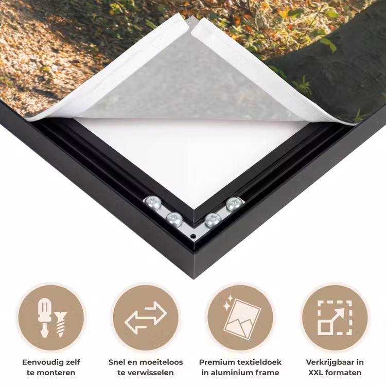 Bos - Bomen - Pad - Zon - Planten - Bladeren - Natuur Textielframe zwart klein -USP_closeupNL