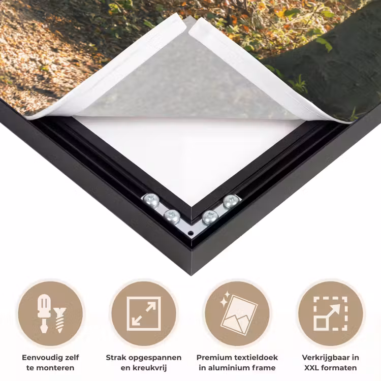 Bos - Bomen - Pad - Zon - Planten - Bladeren - Natuur Textielframe zwart klein -USP_feed_closeupNL
