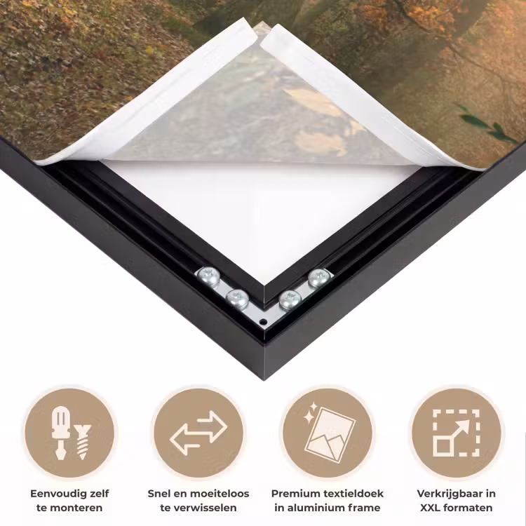 Bos - Herfst - Zon - Landschap - Natuur - Bomen - Bladeren Textielframe zwart klein -USP_closeupNL