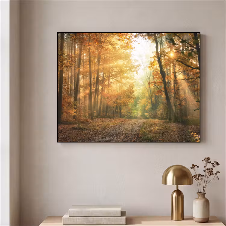 Bos - Herfst - Zon - Landschap - Natuur - Bomen - Bladeren Textielframe zwart klein -sfeer2