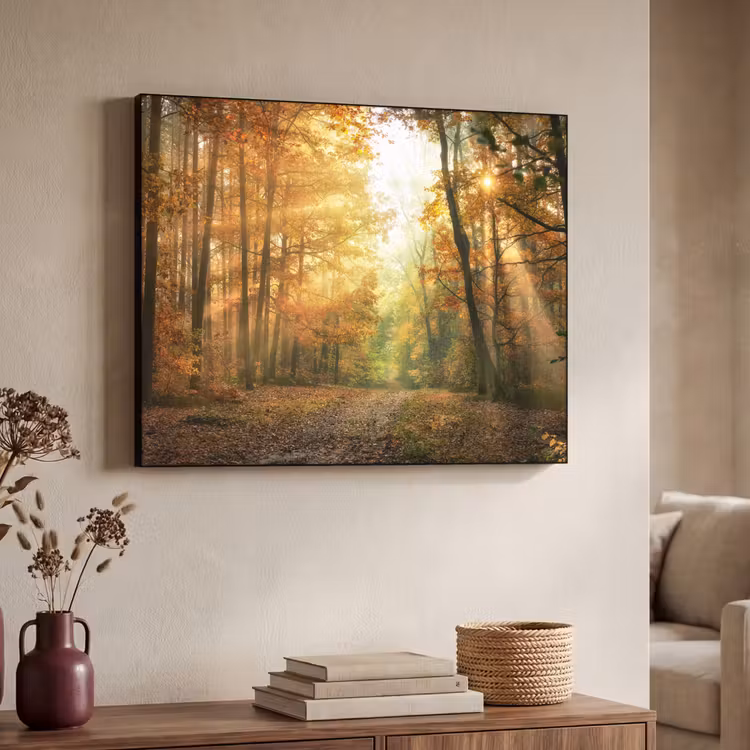 Bos - Herfst - Zon - Landschap - Natuur - Bomen - Bladeren Textielframe zwart klein -sfeer3