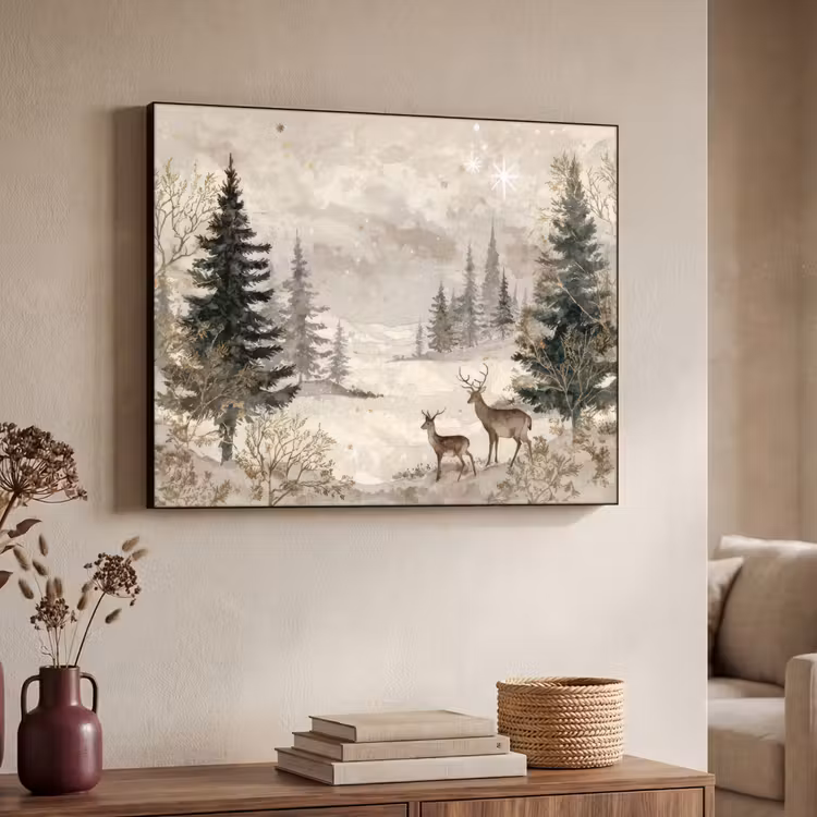 Bos - Herten - Winter - Sneeuw Textielframe - compleet frame klein -sfeer3