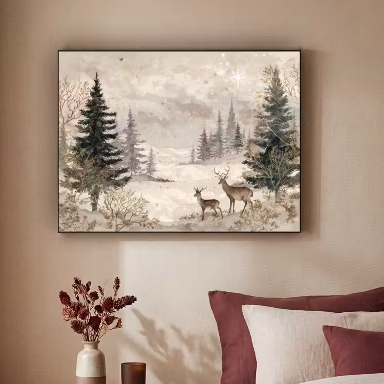Bos - Herten - Winter - Sneeuw Textielframe zwart klein -sfeer1
