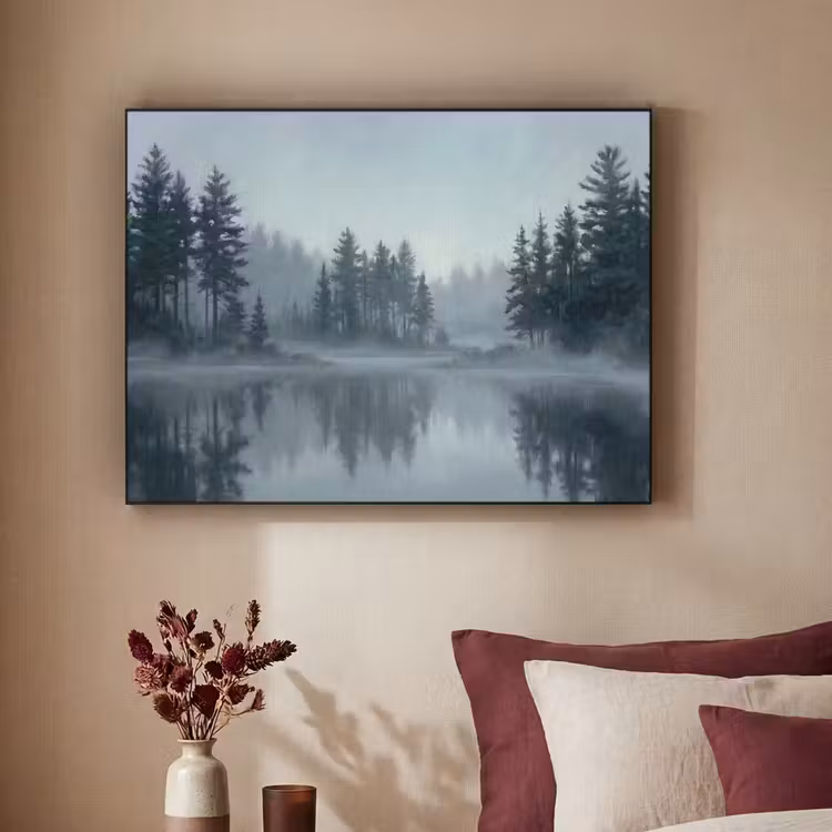 Bos - Meer - Mist - Natuur - Grijs Textielframe zwart klein -sfeer1