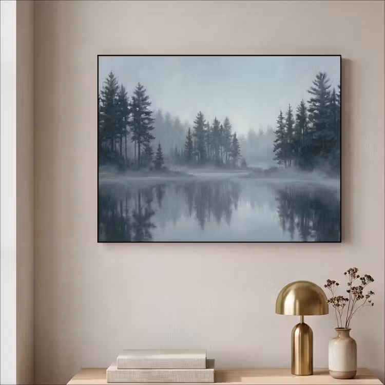 Bos - Meer - Mist - Natuur - Grijs Textielframe zwart klein -sfeer2