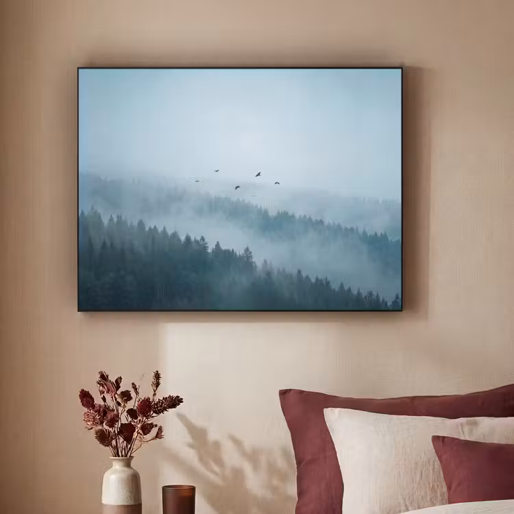 Bos - Mist - Vogels - Natuur - Groen Textielframe zwart klein -sfeer1