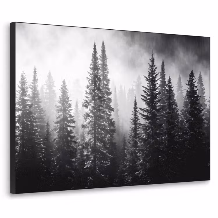 Bos - Mist - Winter - Monochroom - Natuur Textielframe zwart klein -3d