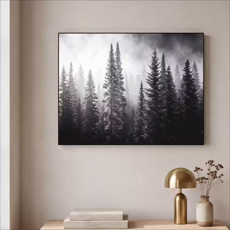 Bos - Mist - Winter - Monochroom - Natuur Textielframe zwart klein -sfeer2