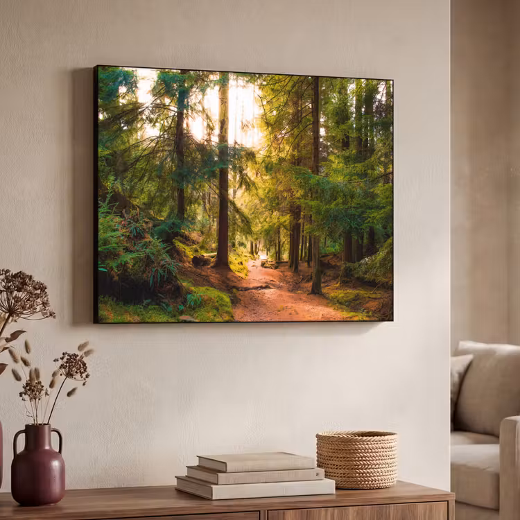 Bos - Pad - Bomen - Groen - Zon - Natuur Textielframe zwart klein -sfeer3