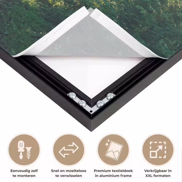 Bos - Pad - Zon - Bomen - Groen - Natuur Textielframe zwart klein -USP_closeupNL