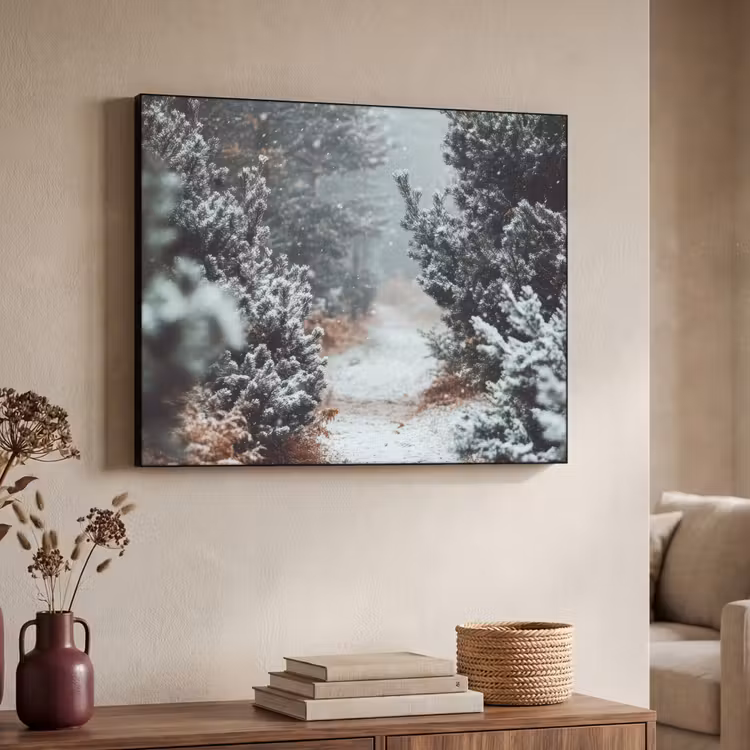 Bos - Winter - Bomen - Natuur - Pad - Sneeuw Textielframe - compleet frame klein -sfeer3