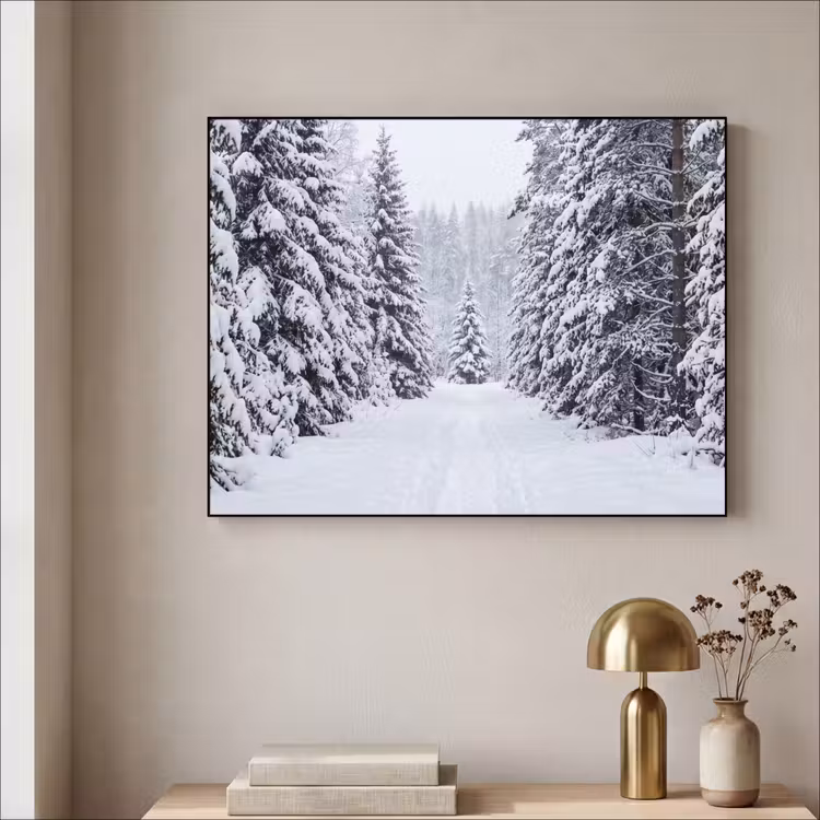 Bos - Winter - Sneeuw - Pad - Natuur Textielframe zwart klein -sfeer2