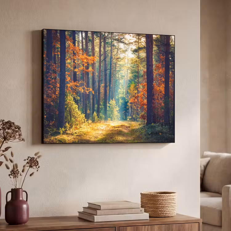 Bos - Zon - Natuur - Herfst Textielframe zwart klein -sfeer3