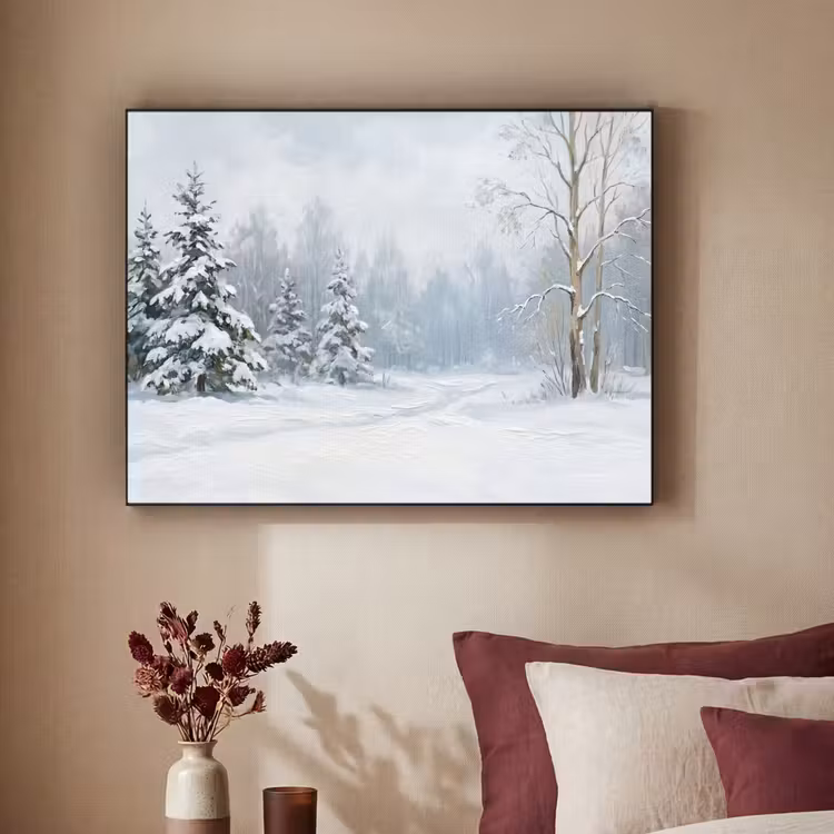 Bospad - Dennen - Sneeuw - Winter - Rustgevend Textielframe zwart klein -sfeer1