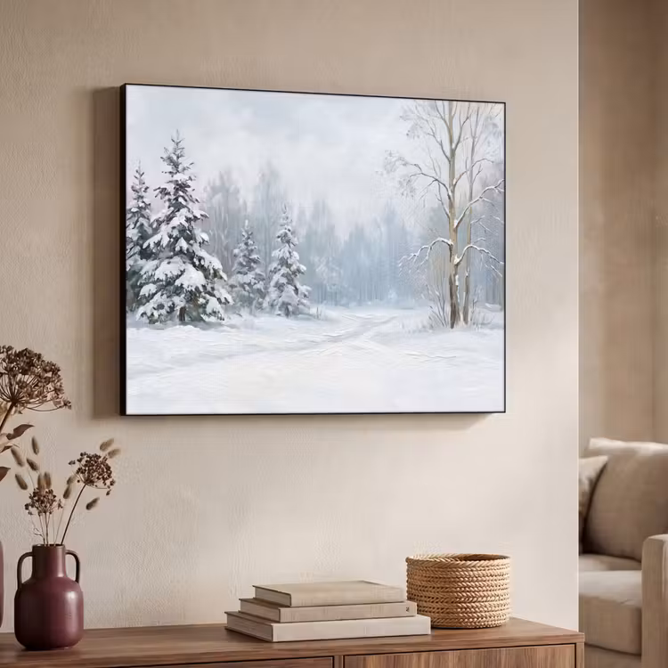 Bospad - Dennen - Sneeuw - Winter - Rustgevend Textielframe zwart klein -sfeer3