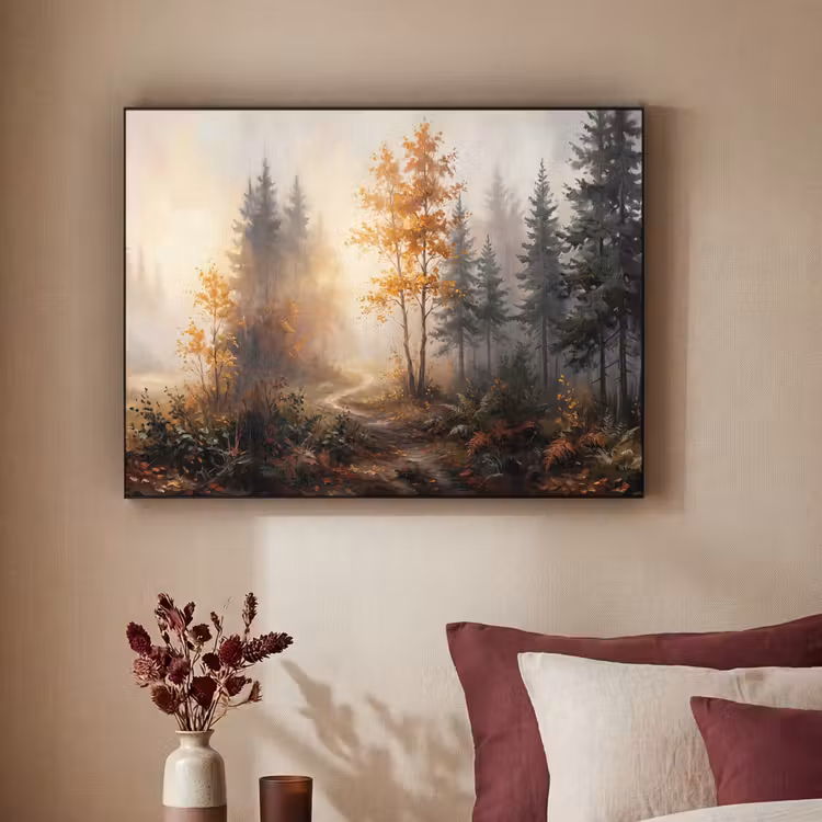 Bospad - Herfstbladeren - Natuur - Schilderachtig - Oranje Textielframe zwart klein -sfeer1