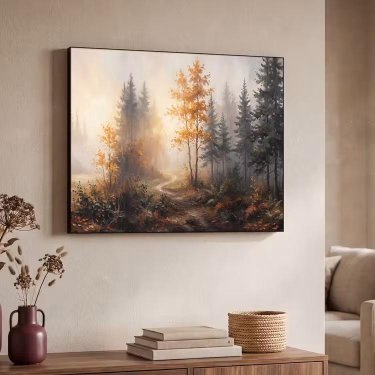 Bospad - Herfstbladeren - Natuur - Schilderachtig - Oranje Textielframe zwart klein -sfeer3