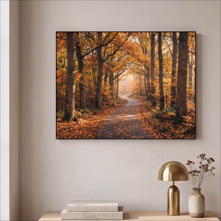 Bospad - Herfstbos - Bladeren - Oranje - Nostalgisch Textielframe zwart klein -sfeer2