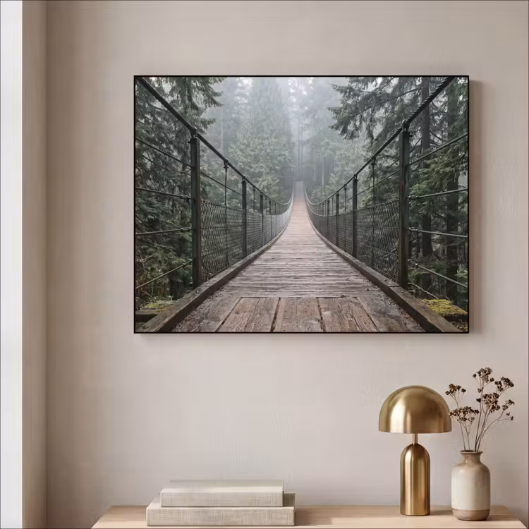 Brug - Bos - Mist - Natuur Textielframe zwart klein -sfeer2