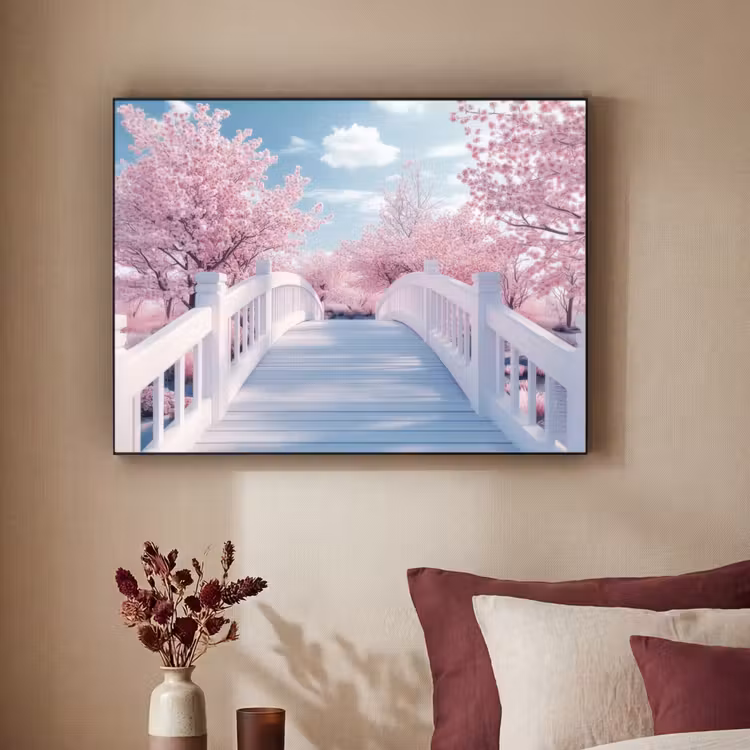 Brug - Kersenbomen - Wit Textielframe - compleet frame klein -sfeer1