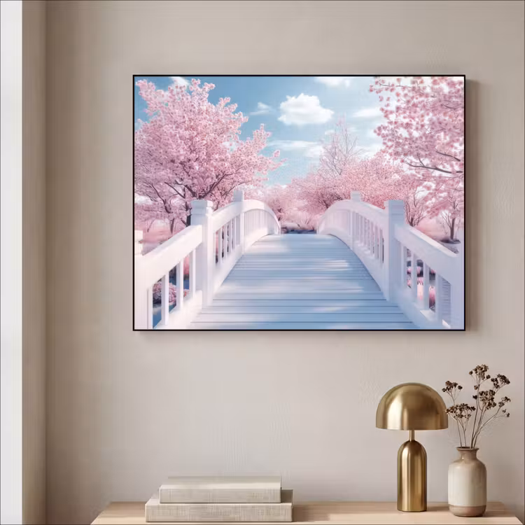 Brug - Kersenbomen - Wit Textielframe - compleet frame klein -sfeer2