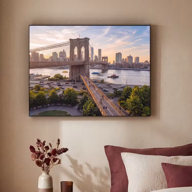 Brug - Rivier - Stad - Zonsondergang - Architectuur Textielframe zwart klein -sfeer1
