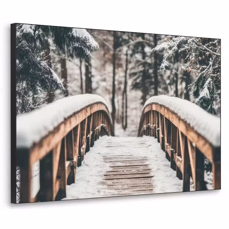 Brug - Winterlandschap - Bos - Natuur - Sneeuw Textielframe zwart klein -3d