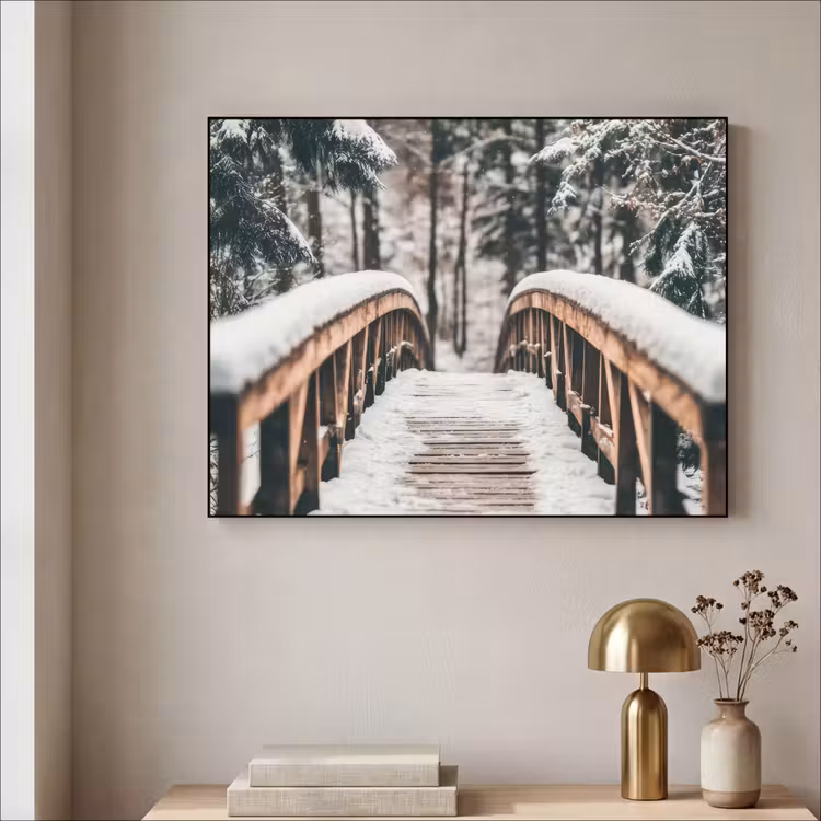 Brug - Winterlandschap - Bos - Natuur - Sneeuw Textielframe - compleet frame klein -sfeer2