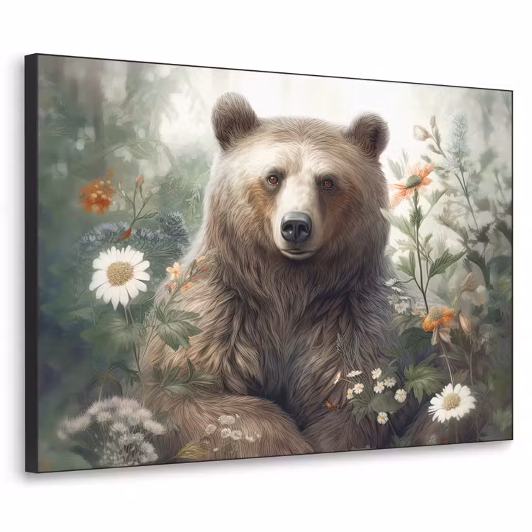 Bruine beer - Wilde dieren - Bloemen - Planten Textielframe zwart klein -3d
