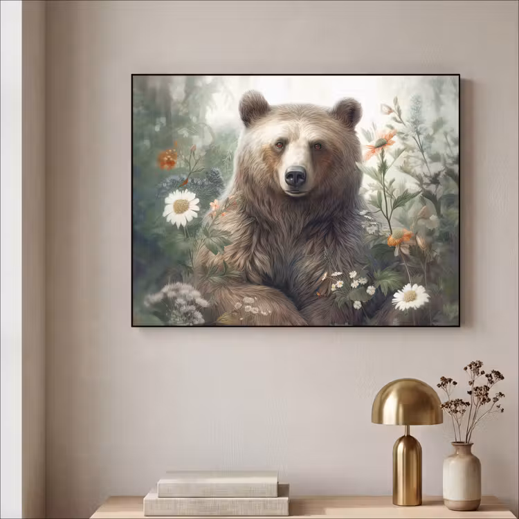 Bruine beer - Wilde dieren - Bloemen - Planten Textielframe zwart klein -sfeer2
