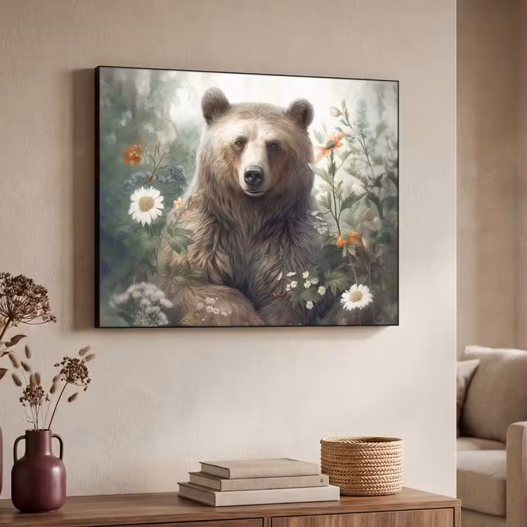 Bruine beer - Wilde dieren - Bloemen - Planten Textielframe zwart klein -sfeer3