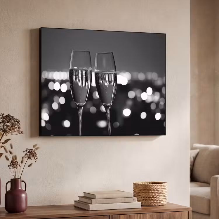Bubbels - Proosten - Champagneglazen - Stadslichten Textielframe zwart klein -sfeer3