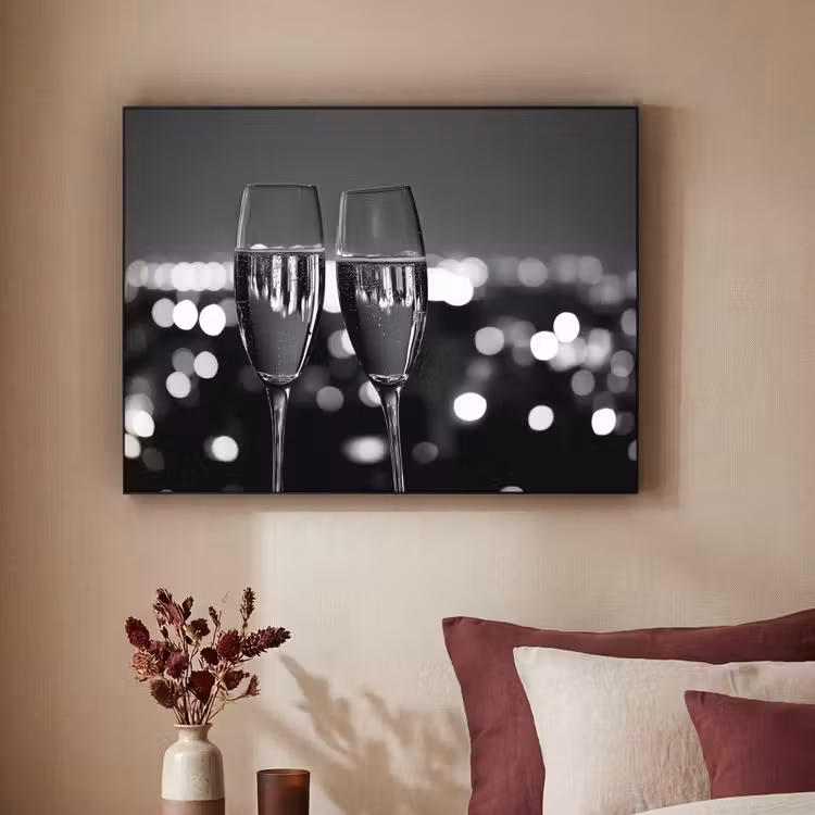 Bubbels - Proosten - Champagneglazen - Stadslichten Textielframe zwart klein -sfeer1