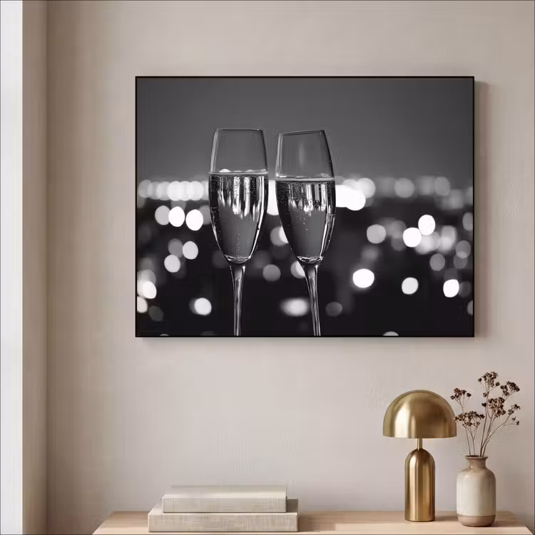 Bubbels - Proosten - Champagneglazen - Stadslichten Textielframe zwart klein -sfeer2