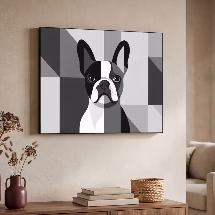 Buldog - Zwart - Abstract - Vlakken Textielframe - compleet frame klein -sfeer3
