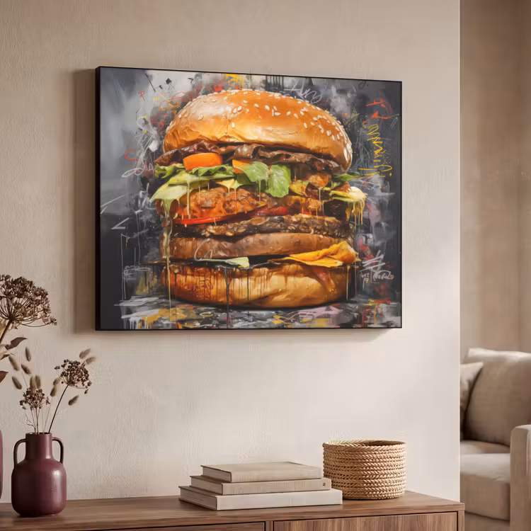 Burger - Eten - Kunst - Grijs - Graffiti Textielframe zwart klein -sfeer3