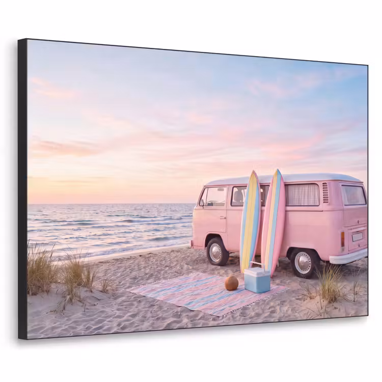 Busje - Strand - Surfplank - Zomer - Roze Textielframe zwart klein -3d