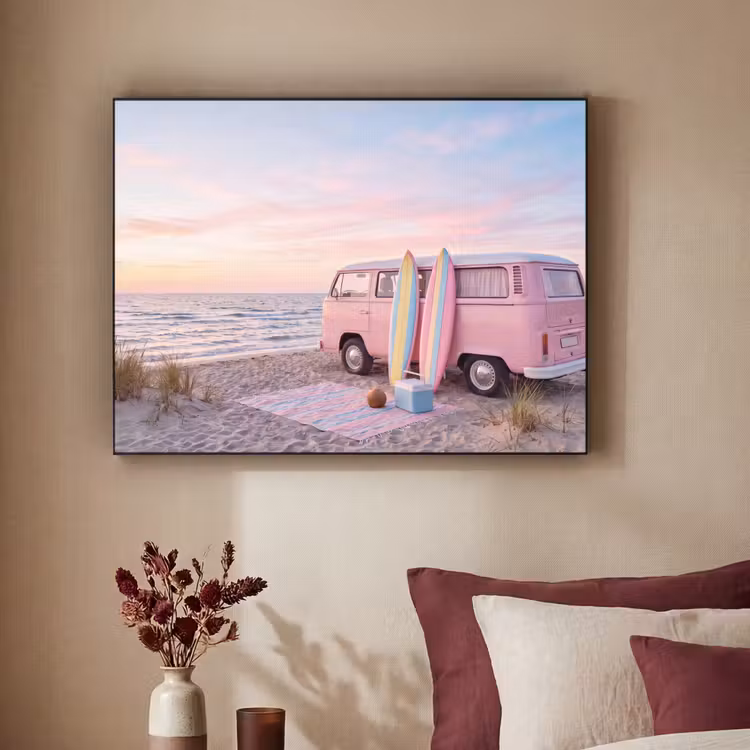 Busje - Strand - Surfplank - Zomer - Roze Textielframe zwart klein -sfeer1