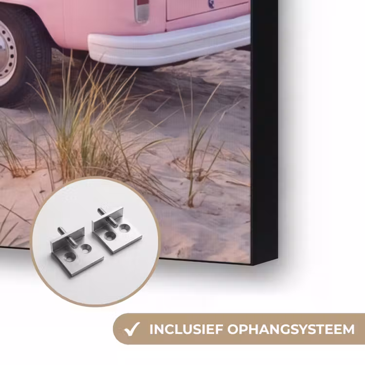 Busje - Strand - Surfplank - Zomer - Roze Textielframe zwart klein -USP_ophangsysteemNL
