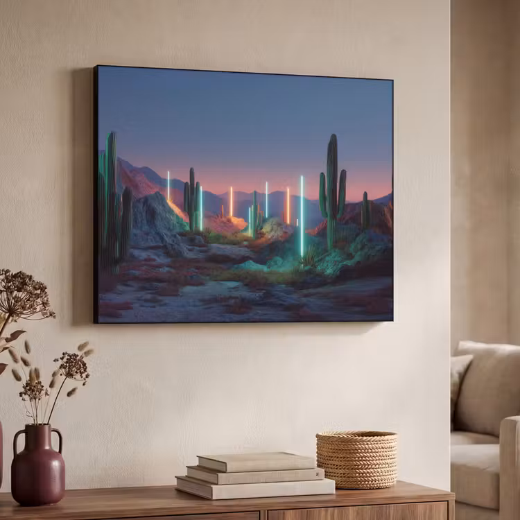 Cactus - Lichtzuilen - Zonsondergang Textielframe zwart klein -sfeer3
