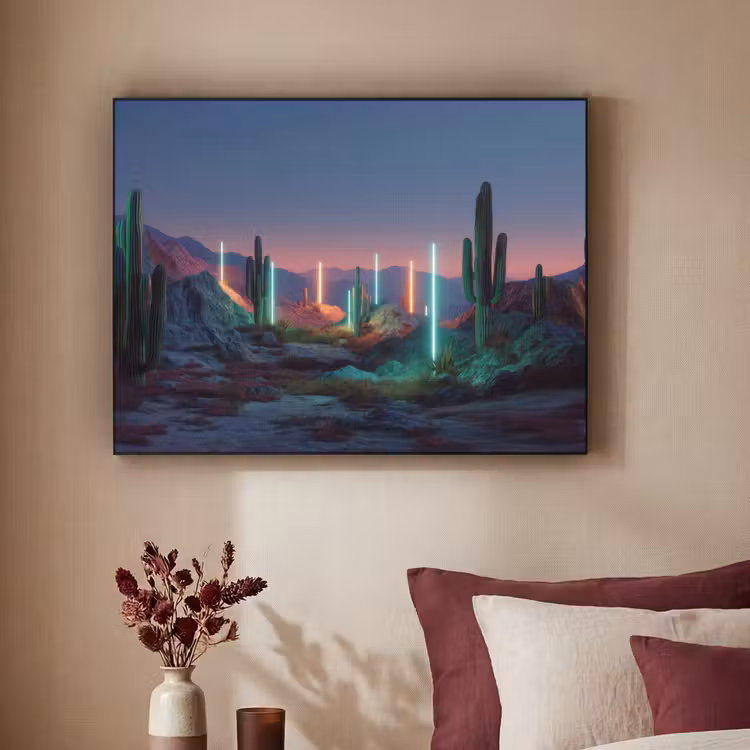 Cactus - Lichtzuilen - Zonsondergang Textielframe zwart klein -sfeer1