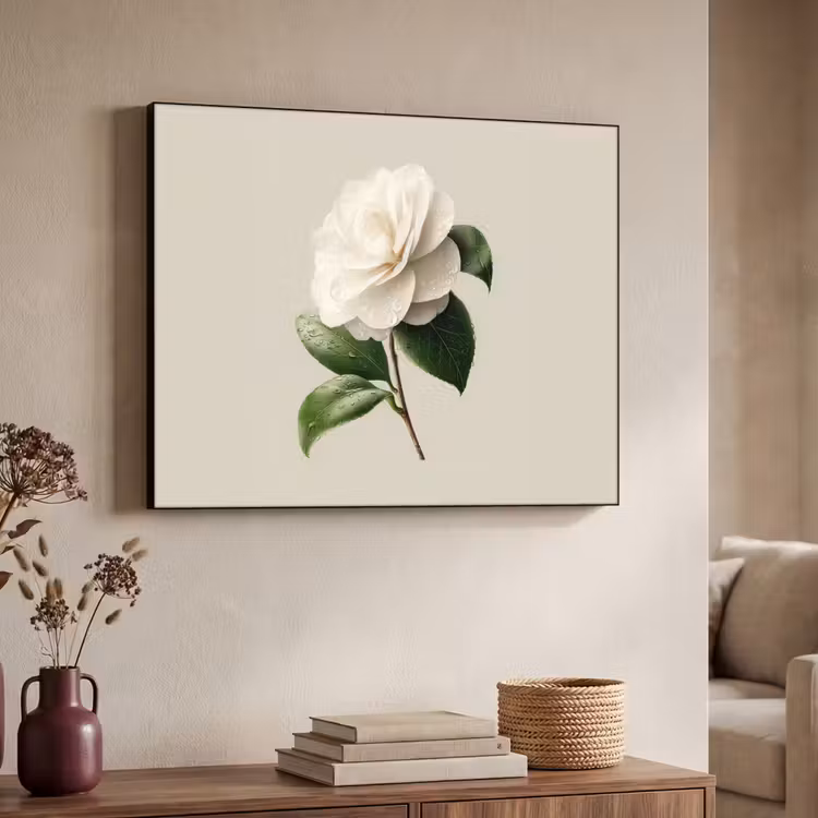 Cameliabloem - Wit - Groen Textielframe zwart klein -sfeer3