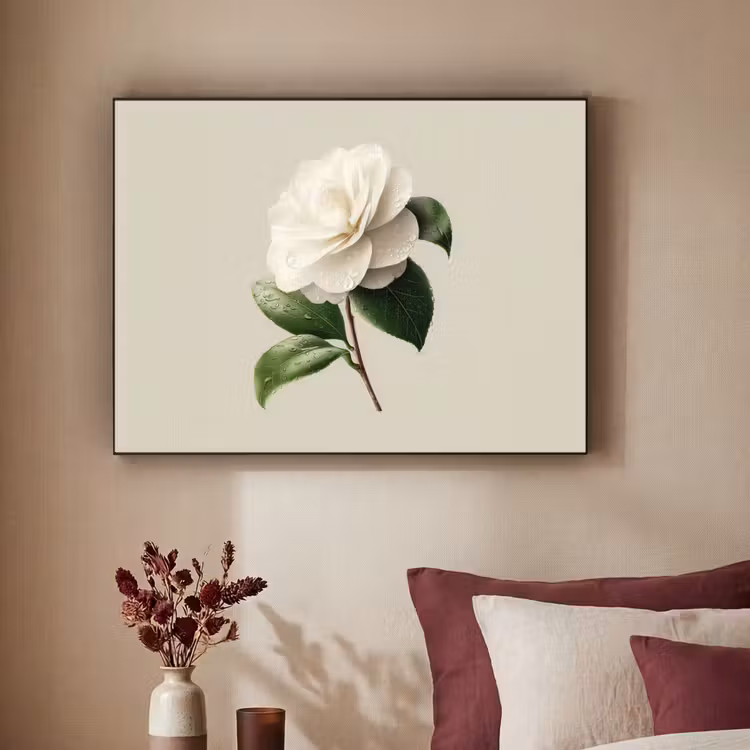 Cameliabloem - Wit - Groen Textielframe - compleet frame klein -sfeer1