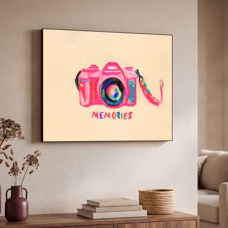 Camera - Memories - Roze - Geschilderd Textielframe - compleet frame klein -sfeer3
