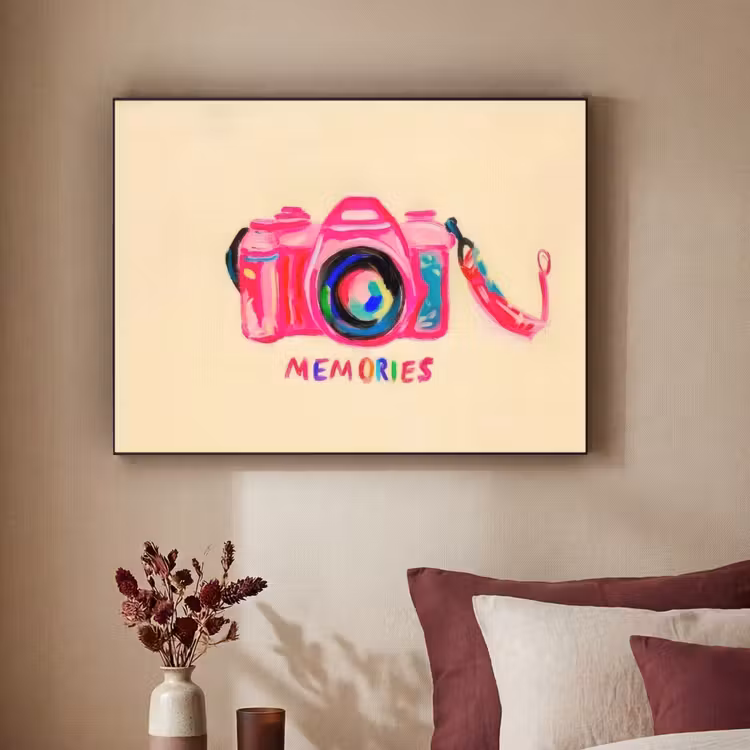 Camera - Memories - Roze - Geschilderd Textielframe - compleet frame klein -sfeer1