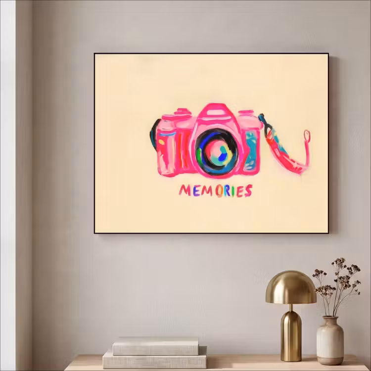 Camera - Memories - Roze - Geschilderd Textielframe - compleet frame klein -sfeer2