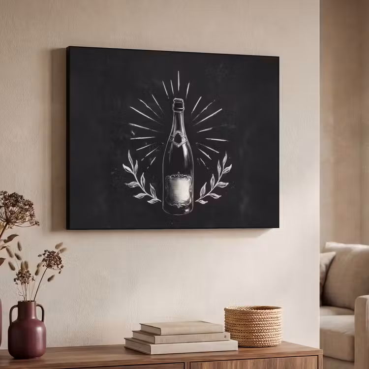 Champagnefles - Lauriertakken - Zwarte achtergrond Textielframe zwart klein -sfeer3