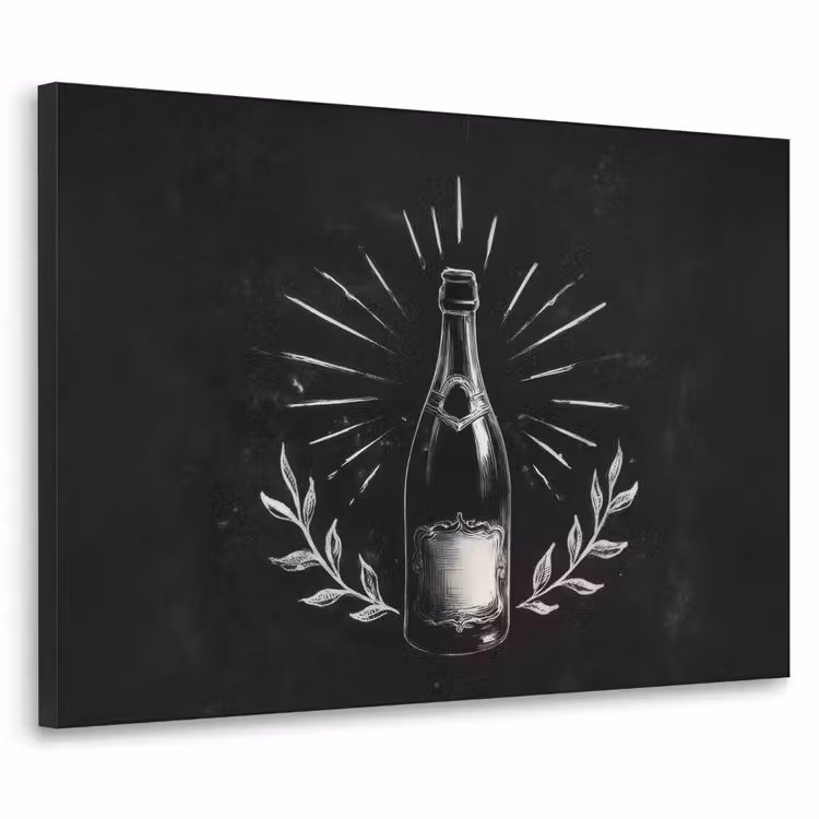 Champagnefles - Lauriertakken - Zwarte achtergrond Textielframe zwart klein -3d